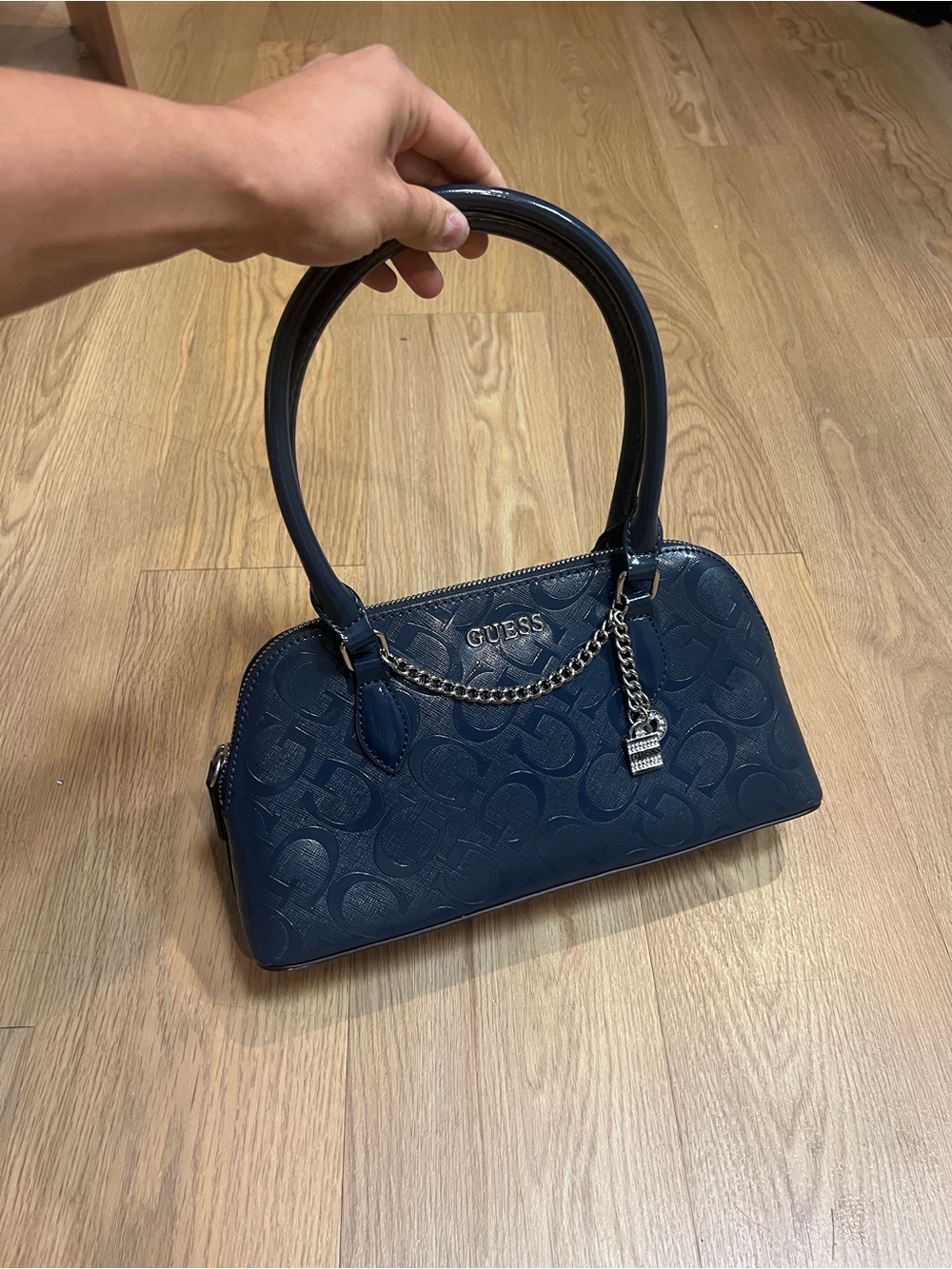 Guess Navy Embossed Logo Satchel with Chain Charm